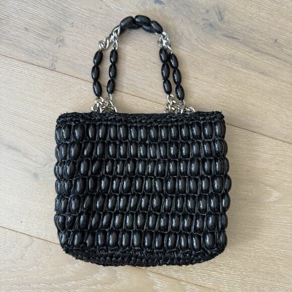 VTG 60's Black Beaded Mod Hand Bag made in Japan Chain Detail Handles Mantessa - Picture 2 of 7